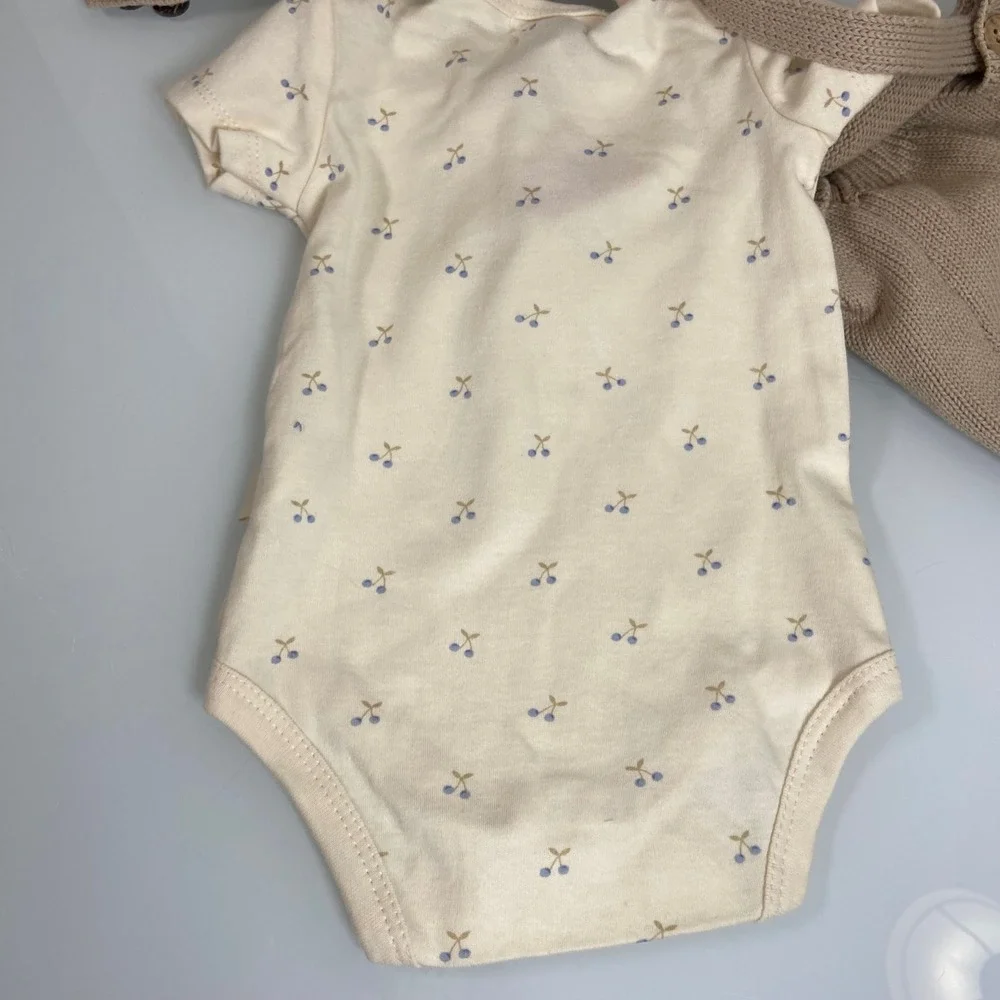 Rabbit + Bear Girls 3-6M Tan Knit Romper Bodysuit Set NEW Organic Cotton Cherry